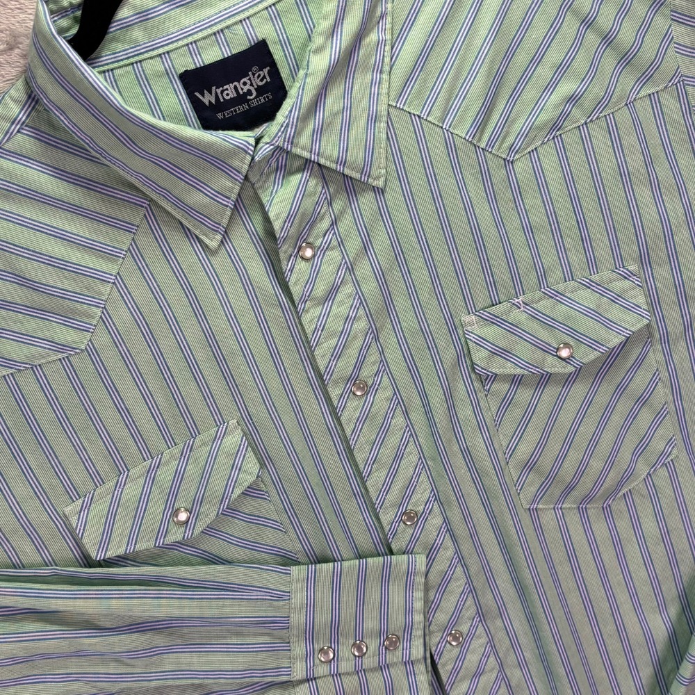 Wrangler Mens Western Shirt‎ XXL Green Striped Pearl Snap Long Sleeve